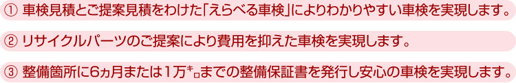 車検見積とご提案見積をわけた「えらべる車検」によりわかりやすい車検を実現します。 リサイクルパーツのご提案により費用を抑えた車検を実現します。 整備箇所に6ヵ月または1万kmまでの整備保証書を発行し安心の車検を実現します。